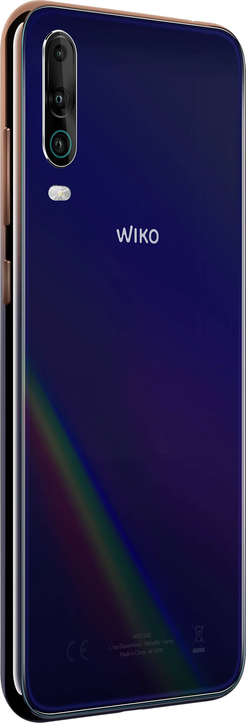 Tylna strona smartfona Wiko z trzema obiektywami aparatu i lampą błyskową ułożonymi pionowo. Obudowa w ciemnym niebieskim kolorze z delikatnym połyskiem.