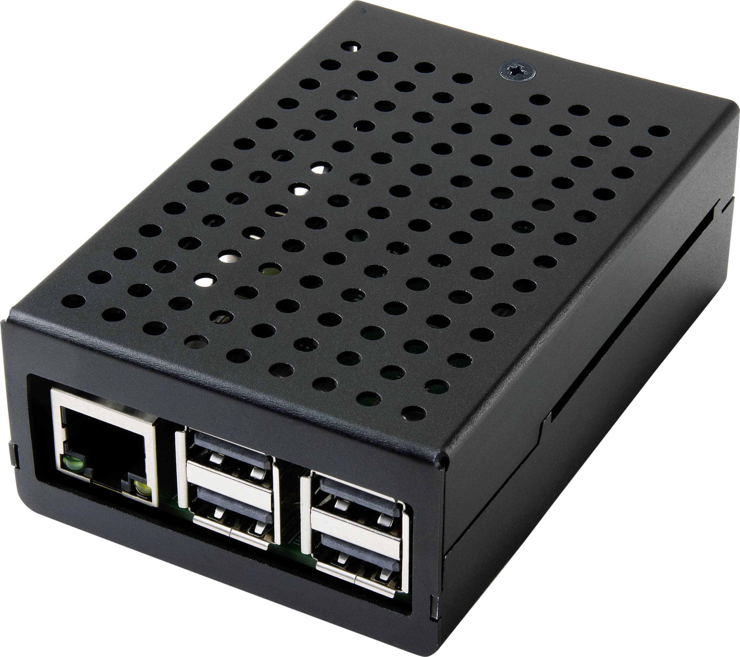 Mały czarny komputer z otworami wentylacyjnymi, złączem sieciowym i czterema portami USB z przodu. Urządzenie służy do przetwarzania danych.