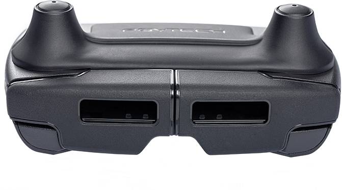 Czarny uchwyt na kontroler do gier z dwoma uchwytami, górnymi przyciskami na ramiona oraz kilkoma otworami montażowymi od spodu.