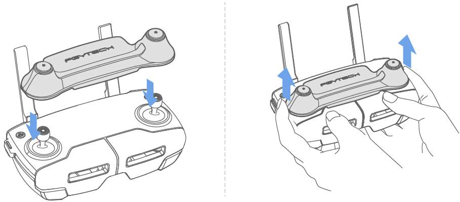 Ilustracja pokazuje, jak używać pilota zdalnego sterowania: rozłożyć antenę i wysunąć uchwyt na smartfona. Ręce trzymają pilota.