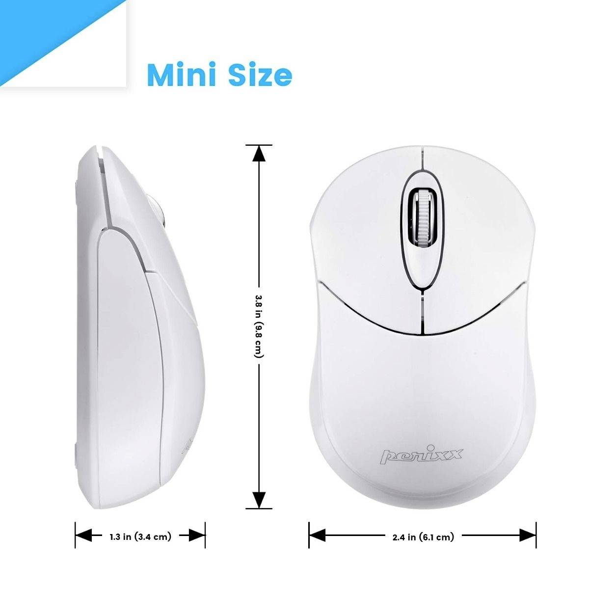 Biała bezprzewodowa mysz komputerowa w małym rozmiarze. Wymiary: 3,8 x 6,2 x 3,4 cm. Przedstawiona z widokiem z boku i z góry.