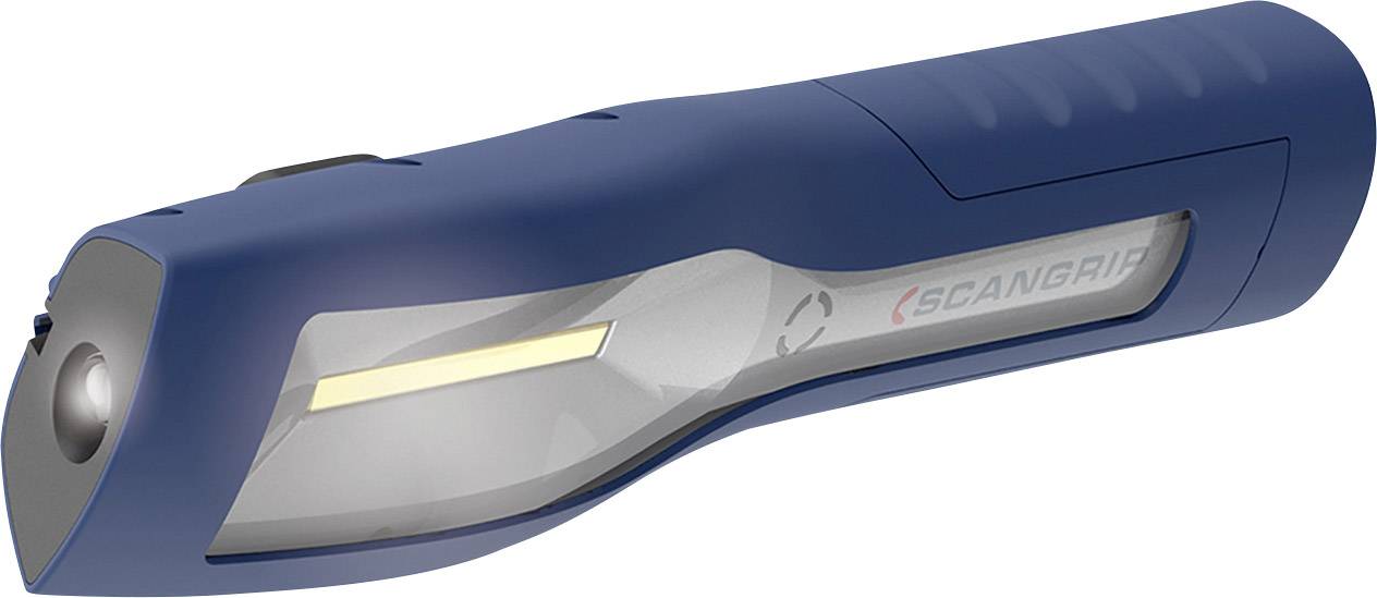 Niebieska latarka z logo z boku, listwą świetlną LED i ergonomicznym uchwytem.