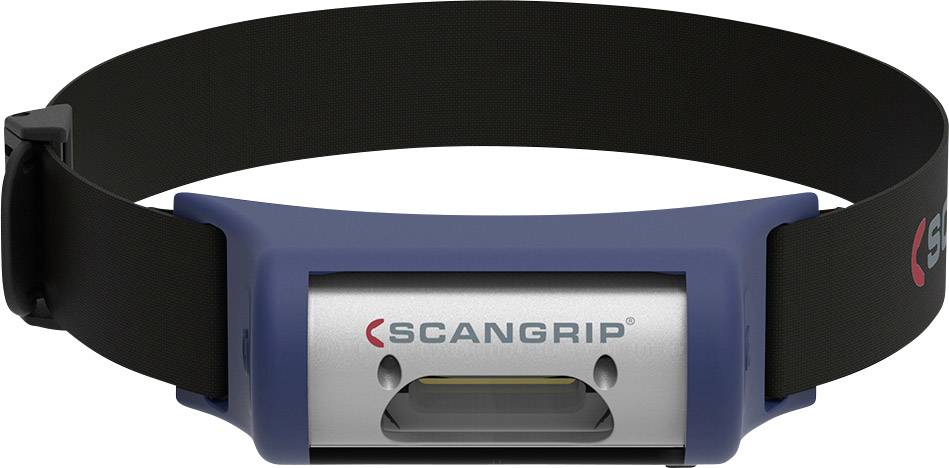 Niebieska i srebrna czołówka z napisem 'SCANGRIP', przymocowana do czarnej elastycznej opaski. Odpowiednia do bezrękawowego oświetlenia.