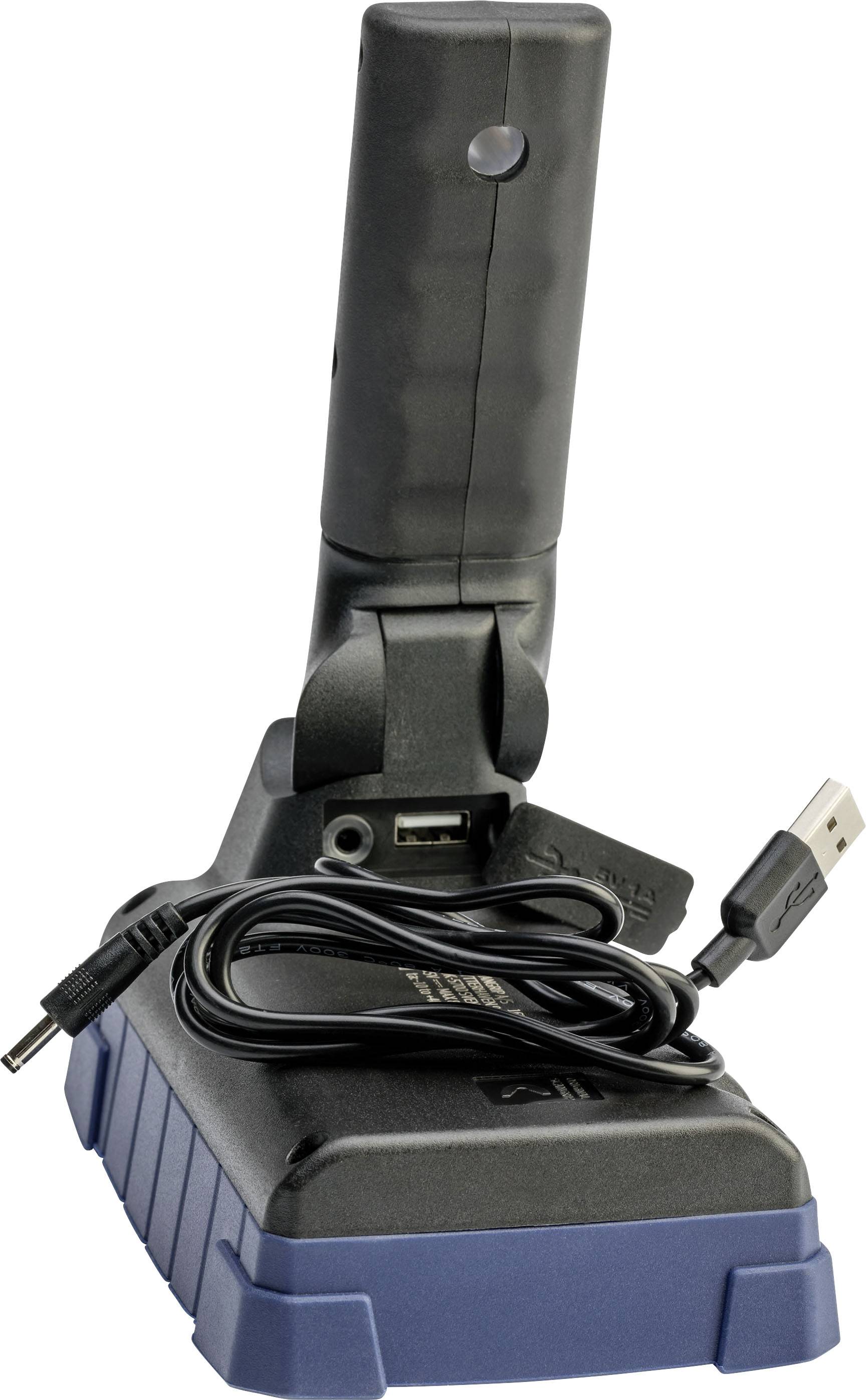 Bezprzewodowa stacja ładująca z złączem USB i kablem do urządzenia przenośnego, zamontowana na stabilnej niebieskiej podstawie.