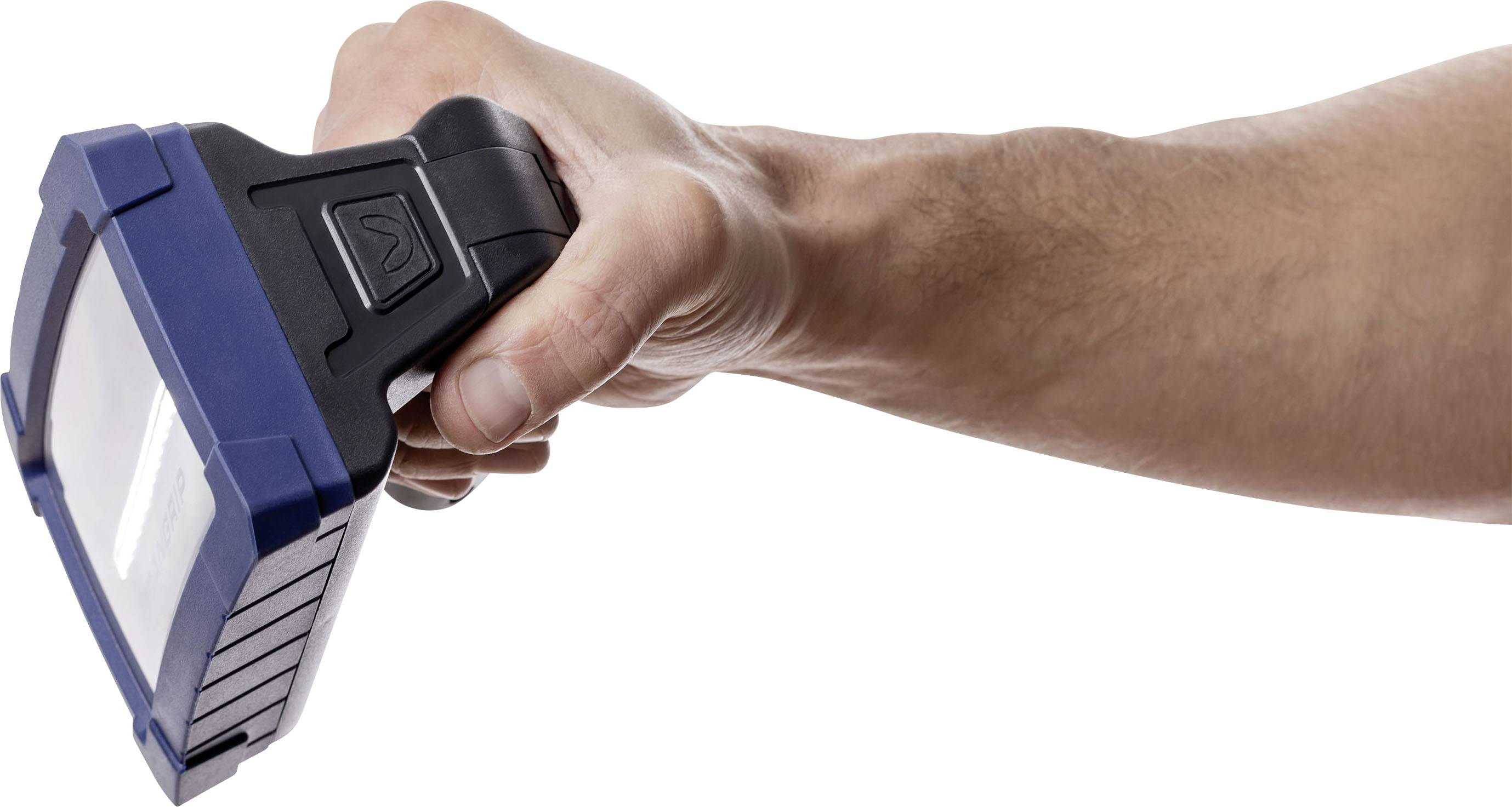 Dłoń trzyma niebiesko-czarne urządzenie analityczne.