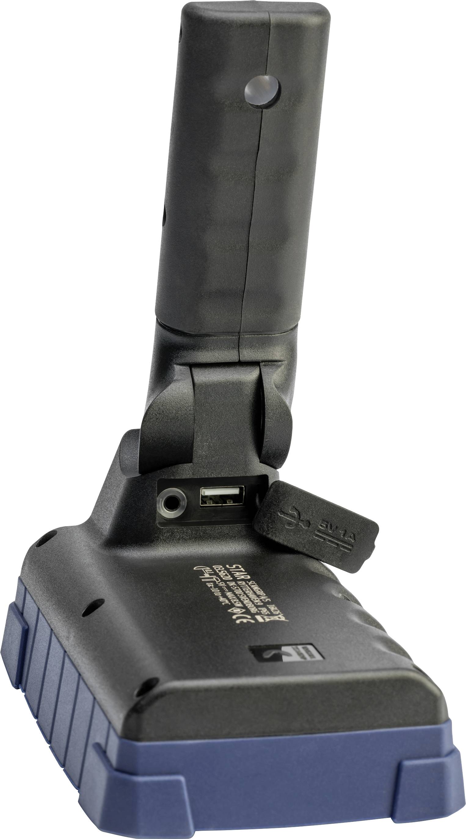 Czarny skaner ręczny z szarym uchwytem i niebieską podstawą jest widoczny od tyłu, z otwartym portem USB.