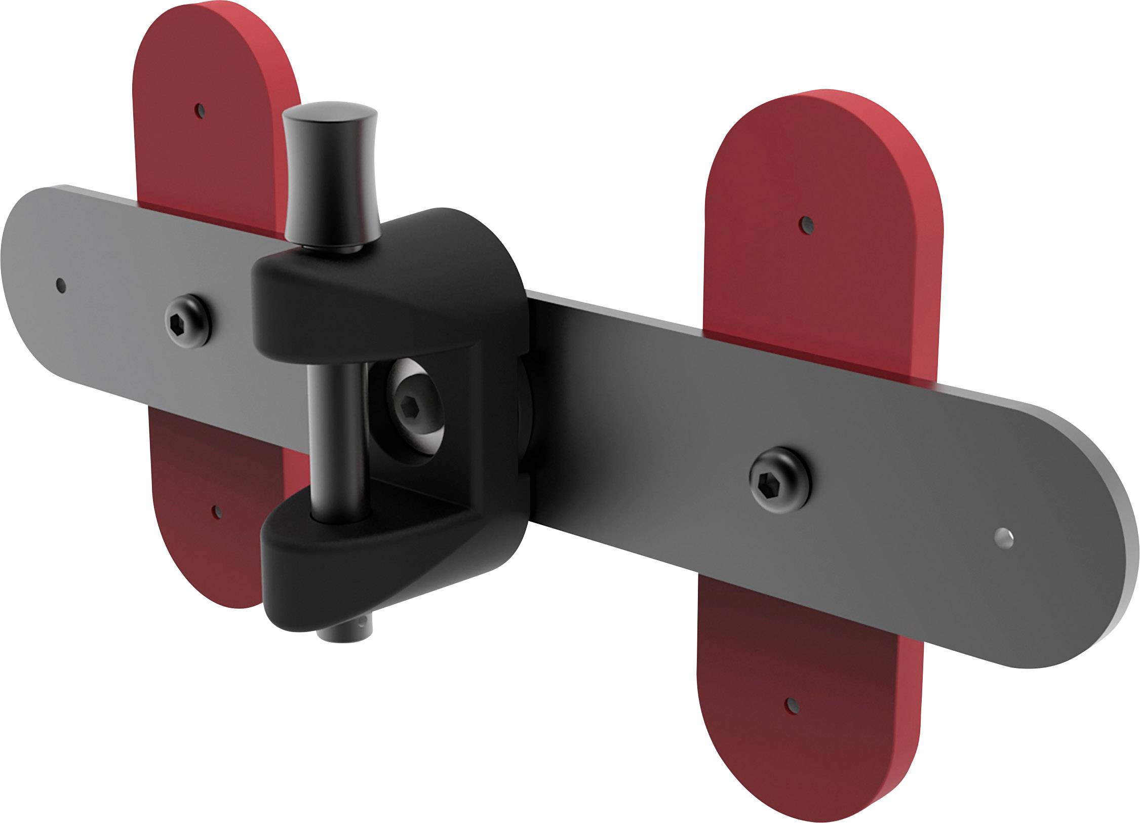 Zabezpieczenie metalowych drzwi w kolorach czarnym i czerwonym, składające się z centralnego zamka oraz dwóch dodatkowych płyt zwiększających poziom bezpieczeństwa.