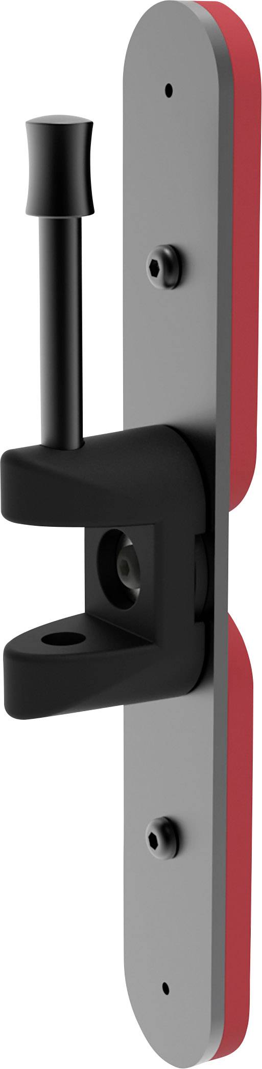 Czerwone i szare urządzenie mocowane do ściany z czarnym ramieniem i otworami montażowymi.