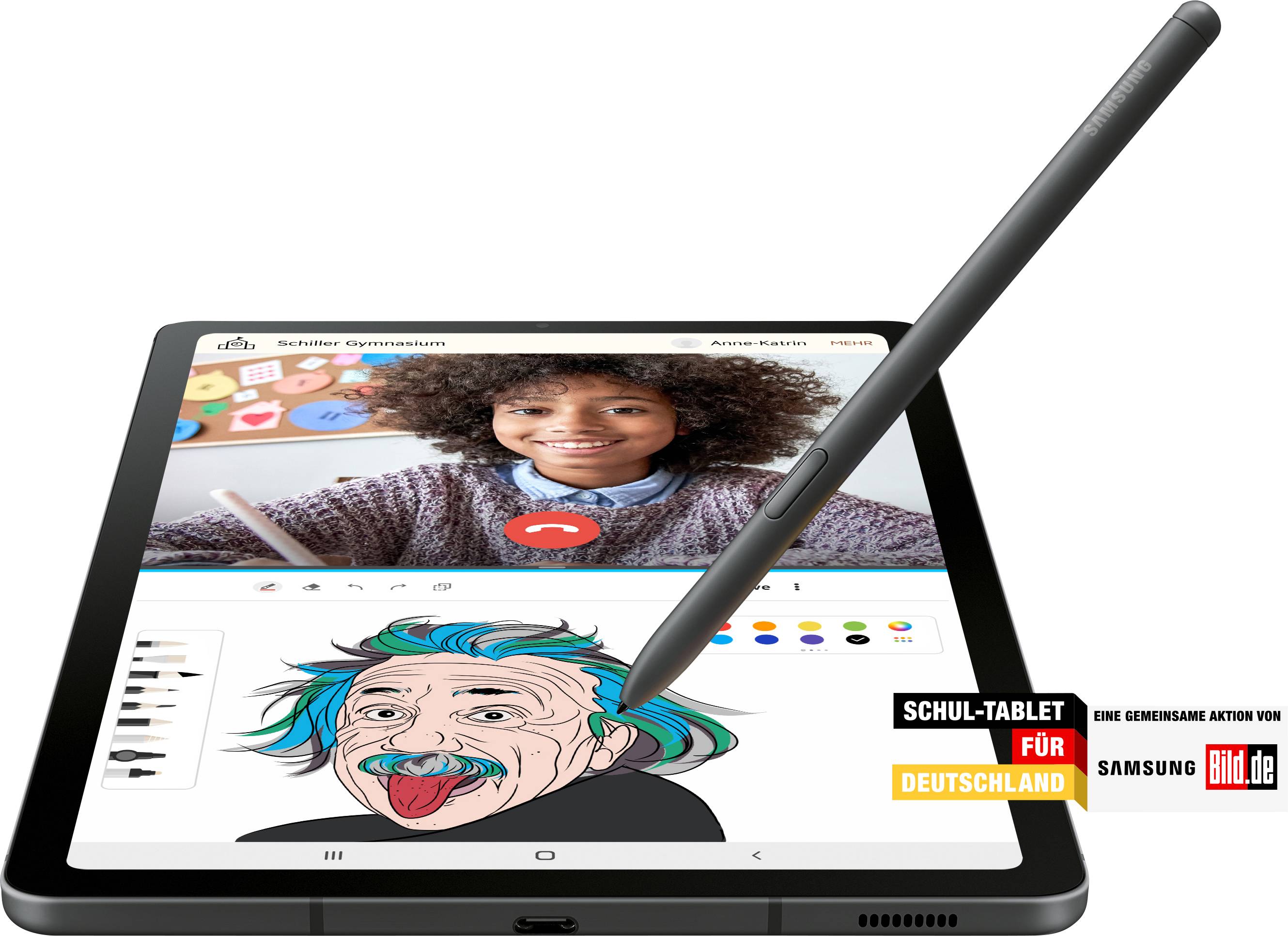 Tablet szkolny z rysunkiem Alberta Einsteina i wideorozmową dziecka. Część akcji "Tablet szkolny dla Niemiec".