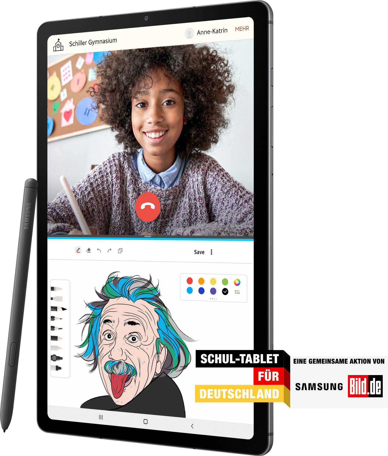 Tablet z wideorozmową, dziewczyna na ekranie. Na dole kolorowe kredki i rysunek Alberta Einsteina. Tekst: 'Tablet szkolny dla Niemiec'.