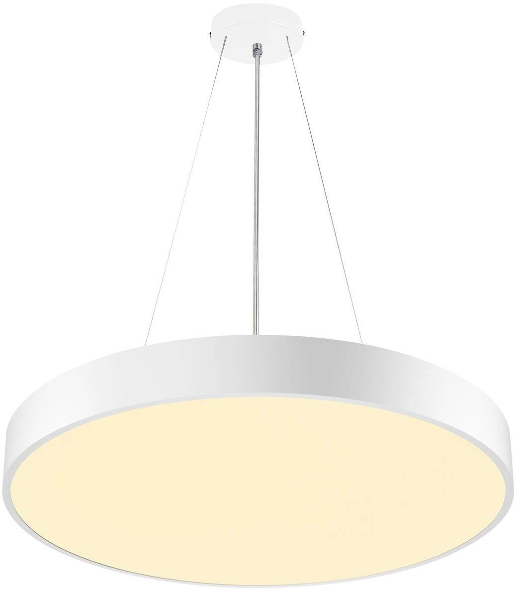 Lampa sufitowa z okrągłą, białą płytą i ciepłym światłem, podtrzymywana przez trzy cienkie linki. Nowoczesny design, idealna do wnętrz.