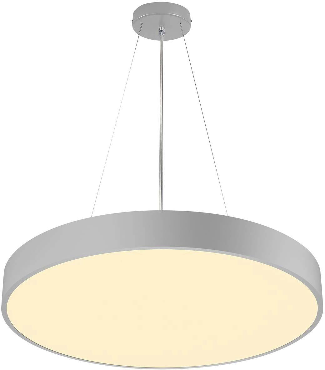 Lampa wisząca o okrągłym, nowoczesnym designie; srebrna oprawa, ciepłe białe światło, idealna do salonu lub jadalni.