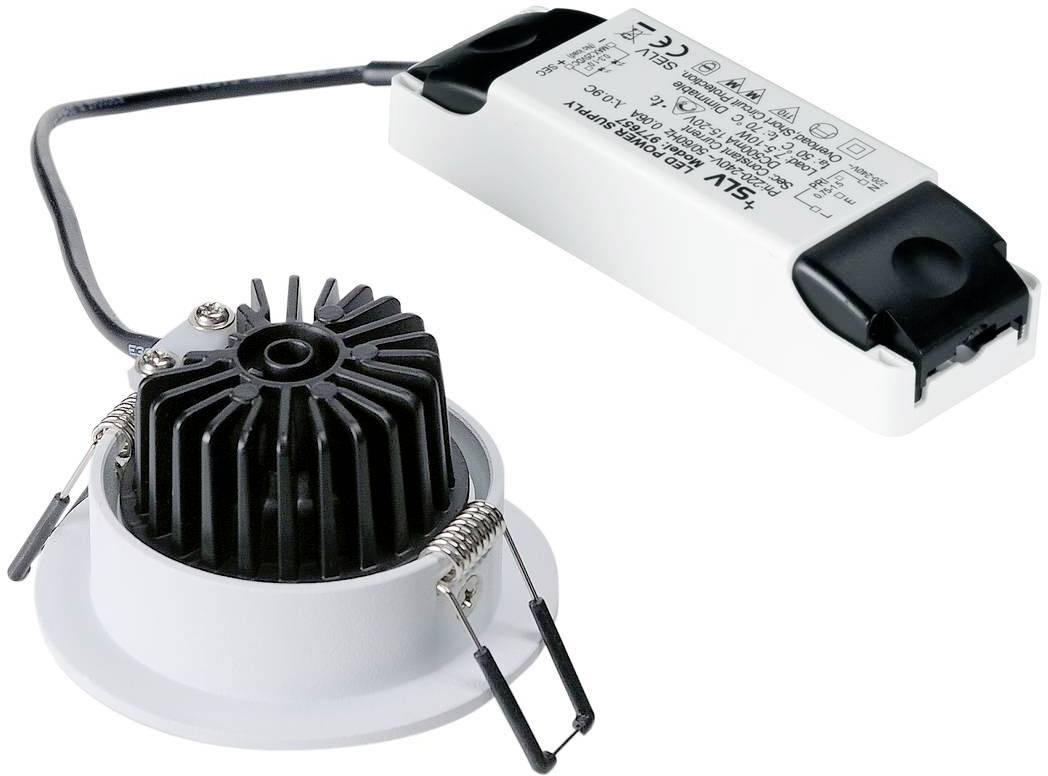 Oprawa sufitowa LED z okrągłą białą obudową i radiatorem. Widoczny kabel przyłączeniowy oraz elektroniczny układ zapłonowy.