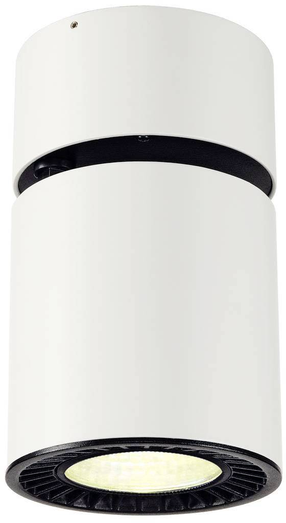 Biała cylindryczna lampa sufitowa z czarnym pierścieniem u dołu, skierowana światłem w dół. Nowoczesny design, idealna do wnętrz.