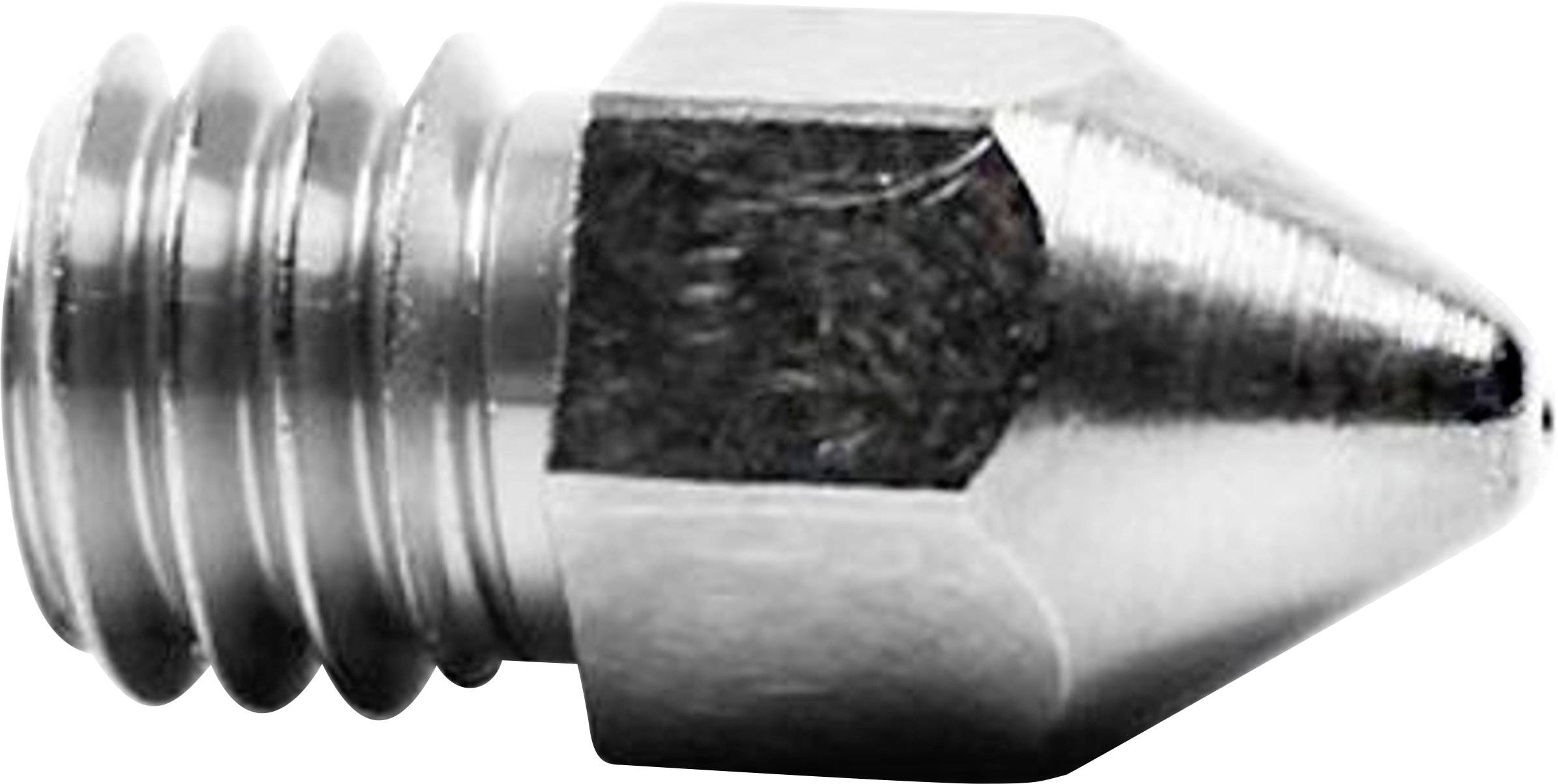 Metalowa dysza drukarki 3D o spiczastym końcu i gwincie śrubowym, stosowana do precyzyjnego wytłaczania materiału w procesach druku 3D.