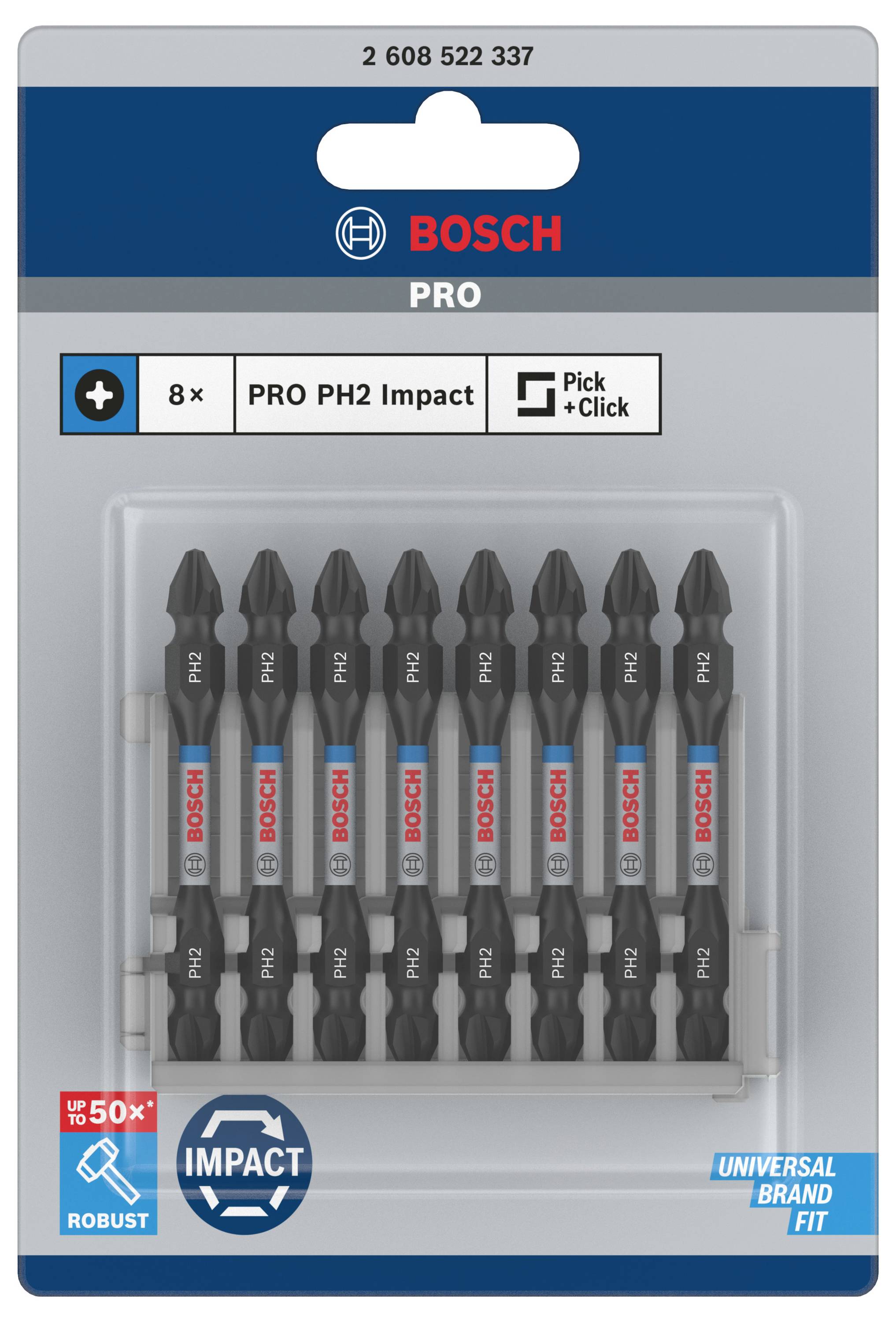 Zestaw bitów 'Bosch PRO PH2 Impact', 8 czarnych bitów w opakowaniu plastikowym. Przeznaczony do wkrętarek udarowych, kompatybilny z systemem 'Pick+Click'.