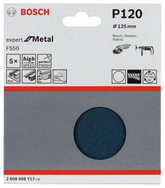 Opakowanie papieru ściernego marki Bosch, typ P120, średnica 125 mm, przeznaczone do obróbki metalu z wysoką prędkością.