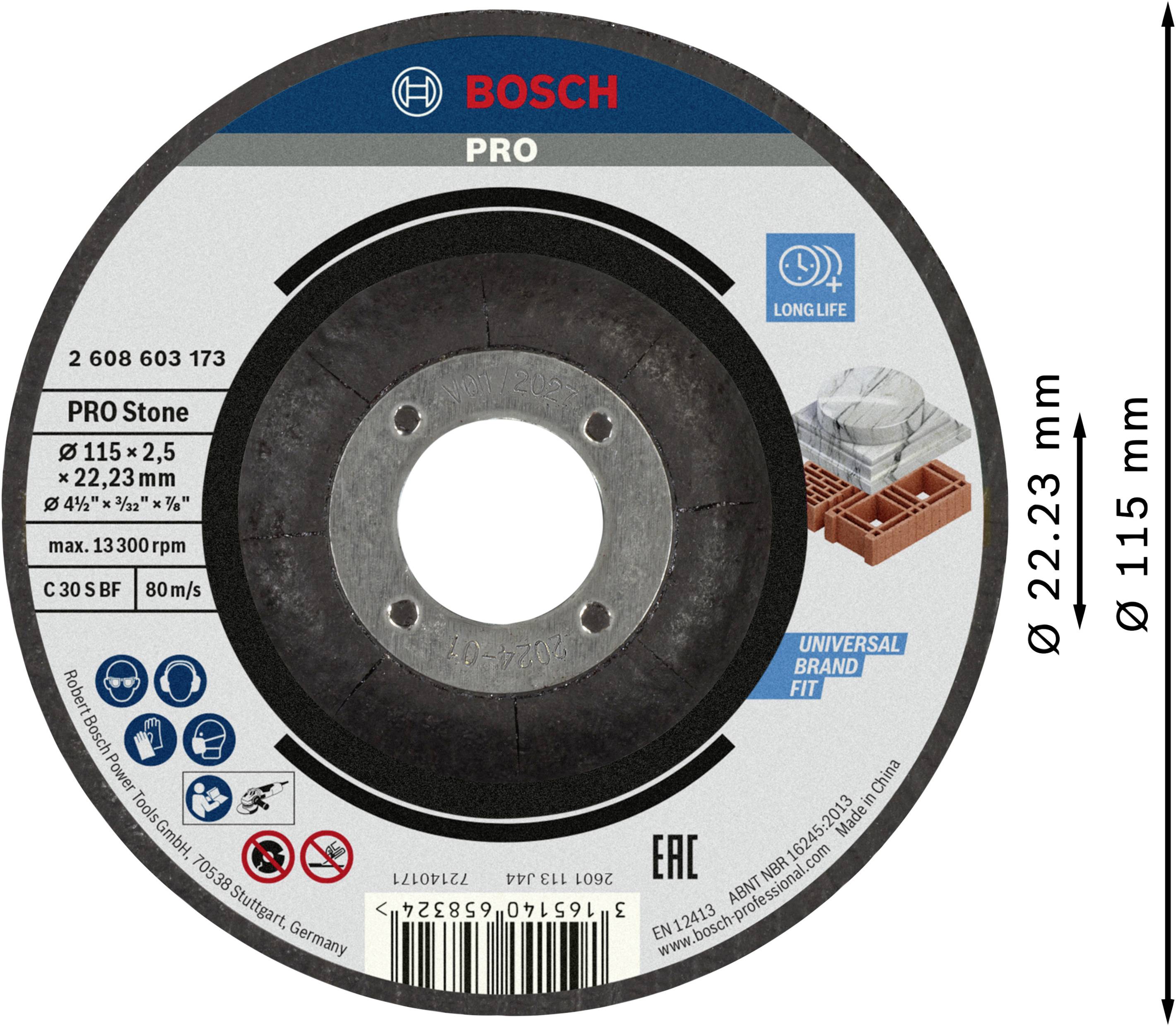 Tarcza Bosch PRO do kamienia, średnica 115 mm, otwór 22,23 mm, maks. 13.300 obr/min, odpowiednia do kamieni budowlanych i brukowych.