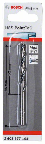 Opakowanie wiertła do metalu Bosch HSS PointTeQ, średnica 4,8 mm, długość 86 mm, przeznaczone do pracy przy wysokich prędkościach.