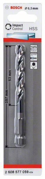 Nasadka wiertnicza Bosch, 6,5 mm, do serii 'Impact Control', długość 107 mm z długością roboczą 65 mm, w opakowaniu z informacjami technicznymi.