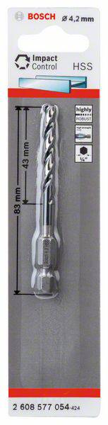 'Wiertło HSS Bosch, średnica 4,2 mm, odpowiednie do Impact Control, wykonane z wysokowytrzymałego materiału, długość 83 mm, pakowane.'