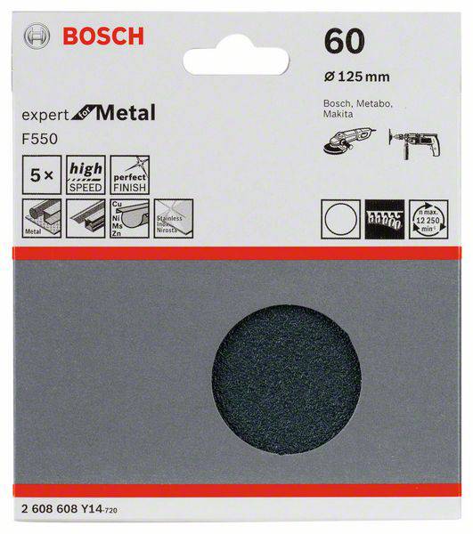 Tarcza szlifierska Bosch, 125 mm, ziarnistość 60, do obróbki metalu; kompatybilna z Bosch, Metabo, Makita. Zestaw zawiera pięć sztuk.