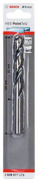 'Wiertło Bosch HSS PointTeQ, średnica 9 mm, długość 125 mm. Odpowiednie do prac metalowych. Opakowanie z logo marki i oznaczeniami rozmiaru.'