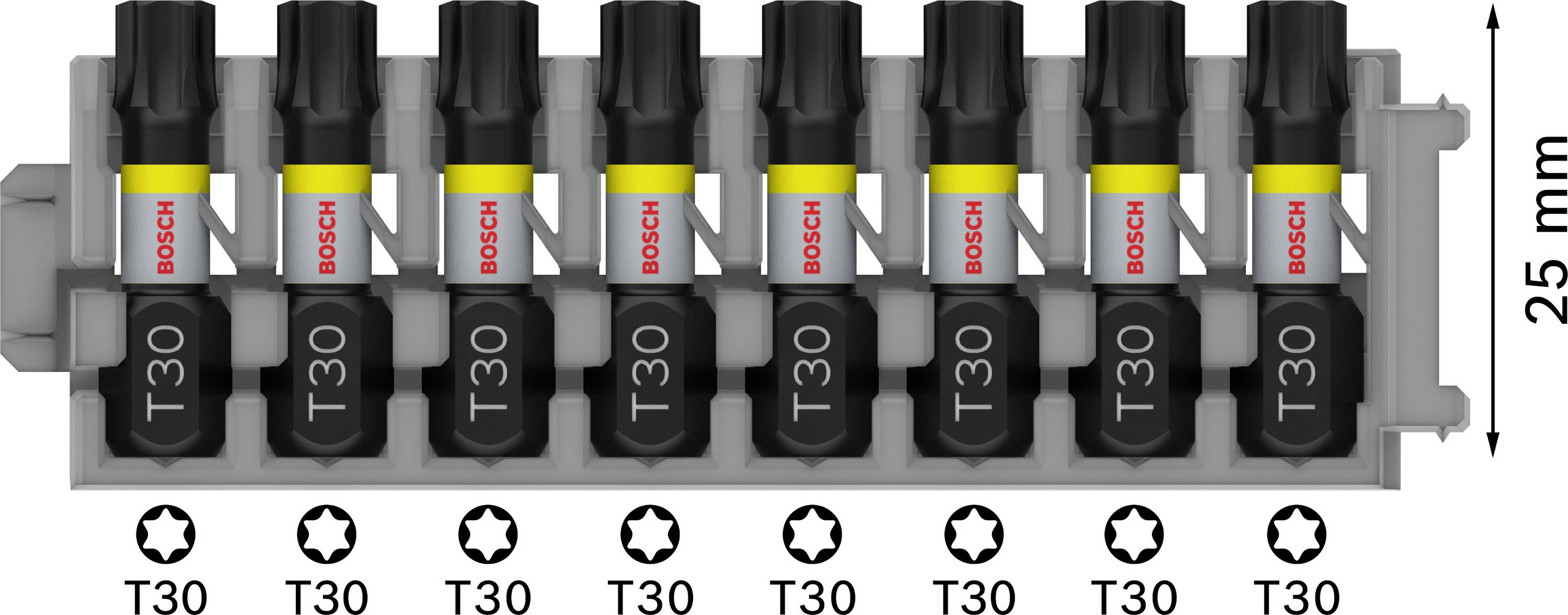 Osiem bitów Bosch T30 w szarej obudowie, z końcówkami Torx pokazanymi u dołu. Po prawej stronie przedstawiona jest skala 25 mm.