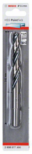 Wiertło Bosch, 11 mm, w opakowaniu blisterowym. Oznaczenie: 'HSS PointTeQ'. Długość: 147 mm. Nadaje się do obróbki metalu.