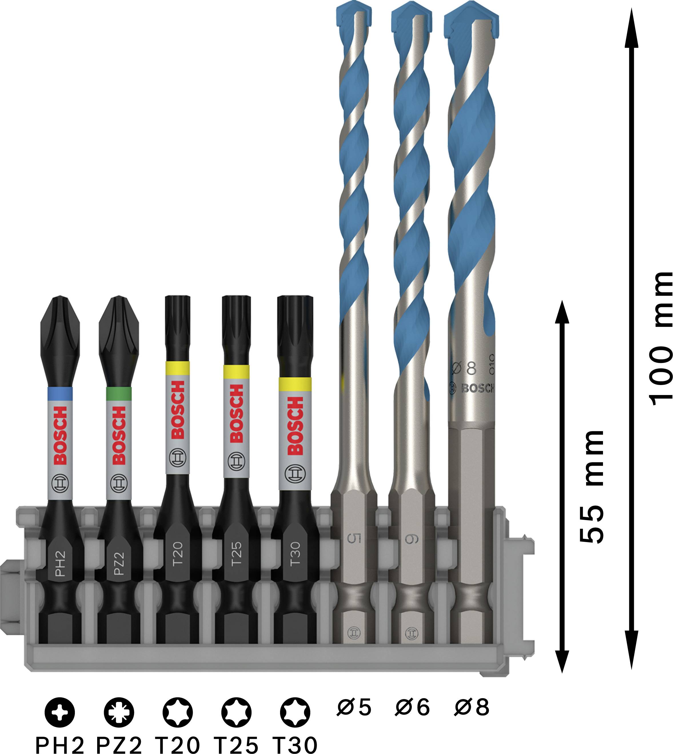 'Bosch Zestaw wierteł i bitów': Zestaw z trzema wiertłami (Ø5, Ø6, Ø8 mm) i pięcioma bitami (PH2, PZ2, T20, T25, T30) w kompaktowym uchwycie.