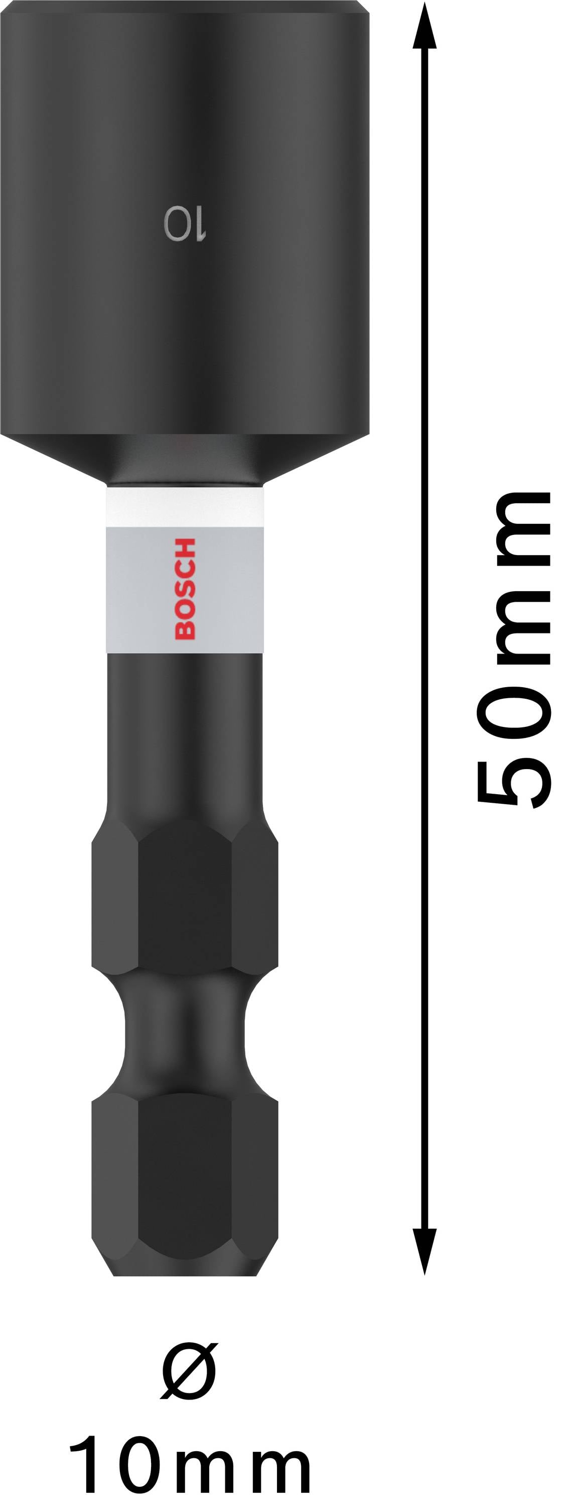 Nasadka klucza nasadowego 10 mm firmy Bosch, długość 50 mm, czarny design, z czerwonym logo Bosch.