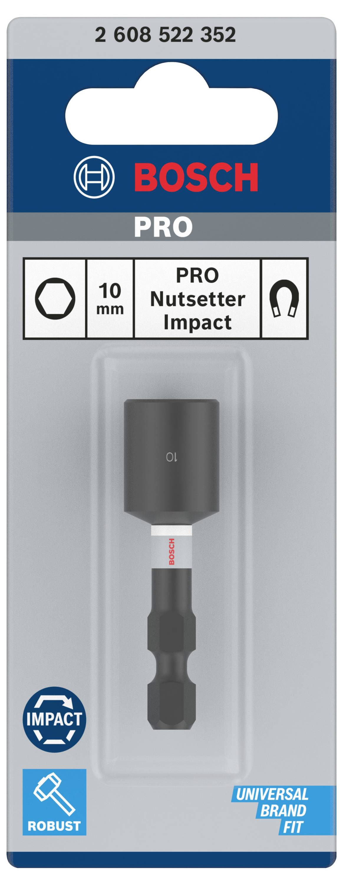 Opakowanie nasadek udarowych 'Bosch PRO Nutsetter Impact 10 mm' o wytrzymałej konstrukcji zapewniającej uniwersalną kompatybilność z różnymi markami.