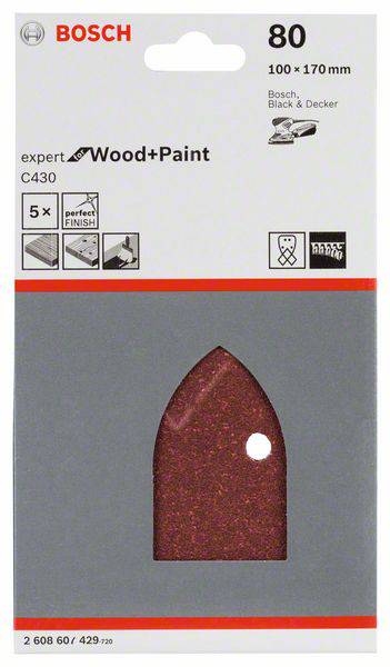 'Papier ścierny Bosch, ziarnistość 80, 100 x 170 mm, odpowiedni do drewna i farby, 5 sztuk. Idealna powierzchnia, kompatybilny z Bosch i Black & Decker.'