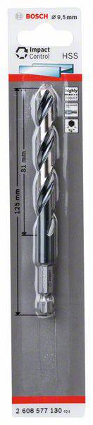 Wiertło metalowe 'Bosch Impact Control', HSS, średnica 9,5 mm, całkowita długość 125 mm, opakowanie z ilustracją produktu i logo.