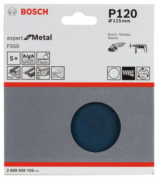 Papier ścierny Bosch P120, arkusz do metalu, 115 mm, opakowanie 5 szt. Kompatybilny z markami Bosch, Metabo, Makita. Idealny do pracy wysokoobrotowej.