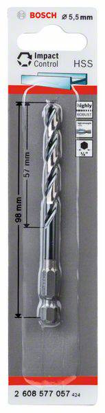 Wiertło Bosch 5,5 mm HSS Impact Control w opakowaniu, odpowiednie do obróbki metalu, długość 88 mm.