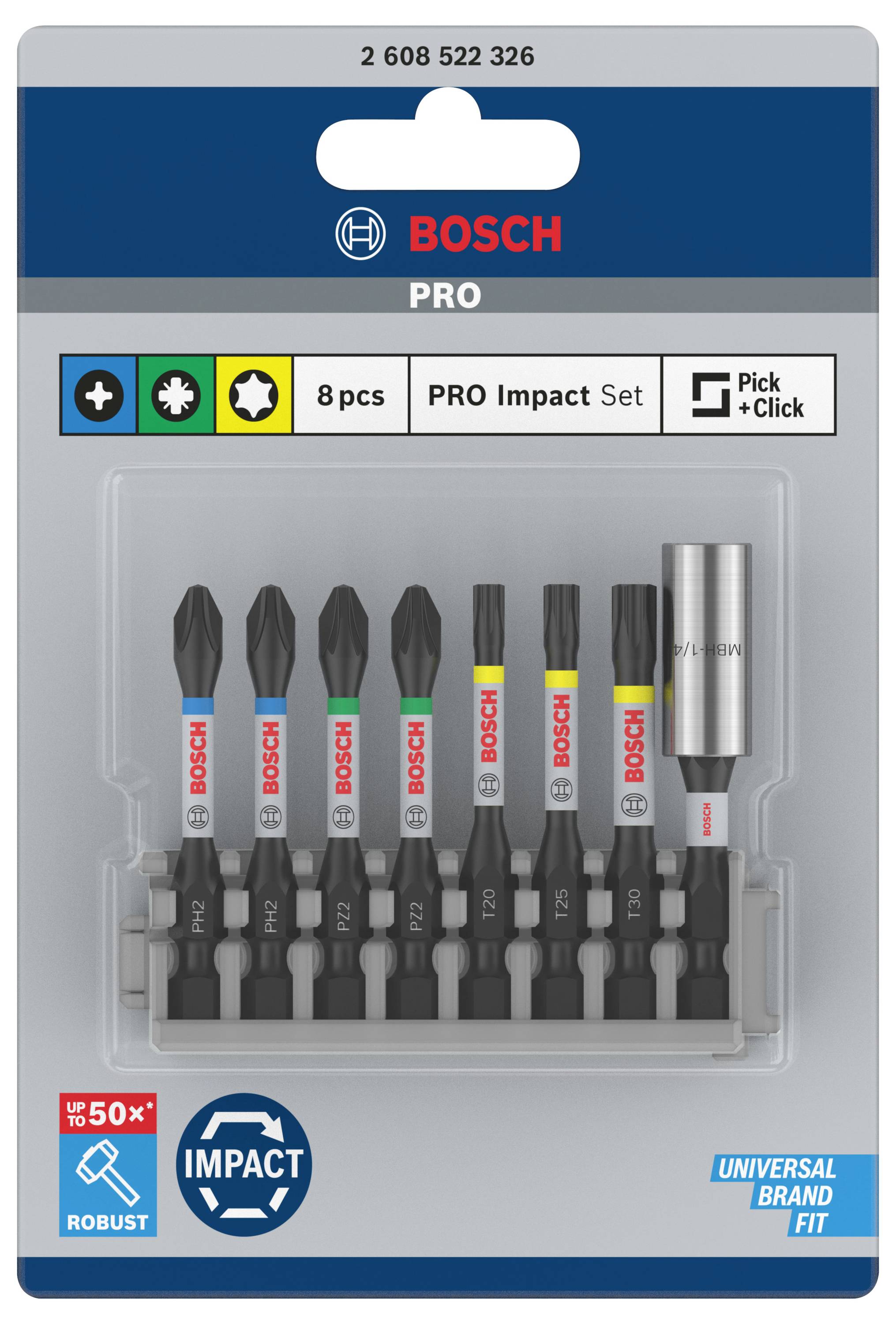 Zestaw udarowy Bosch PRO z 8 częściami do wkrętarek. Zawiera różne nasadki. Opakowanie pokazuje 'Pick + Click'.
