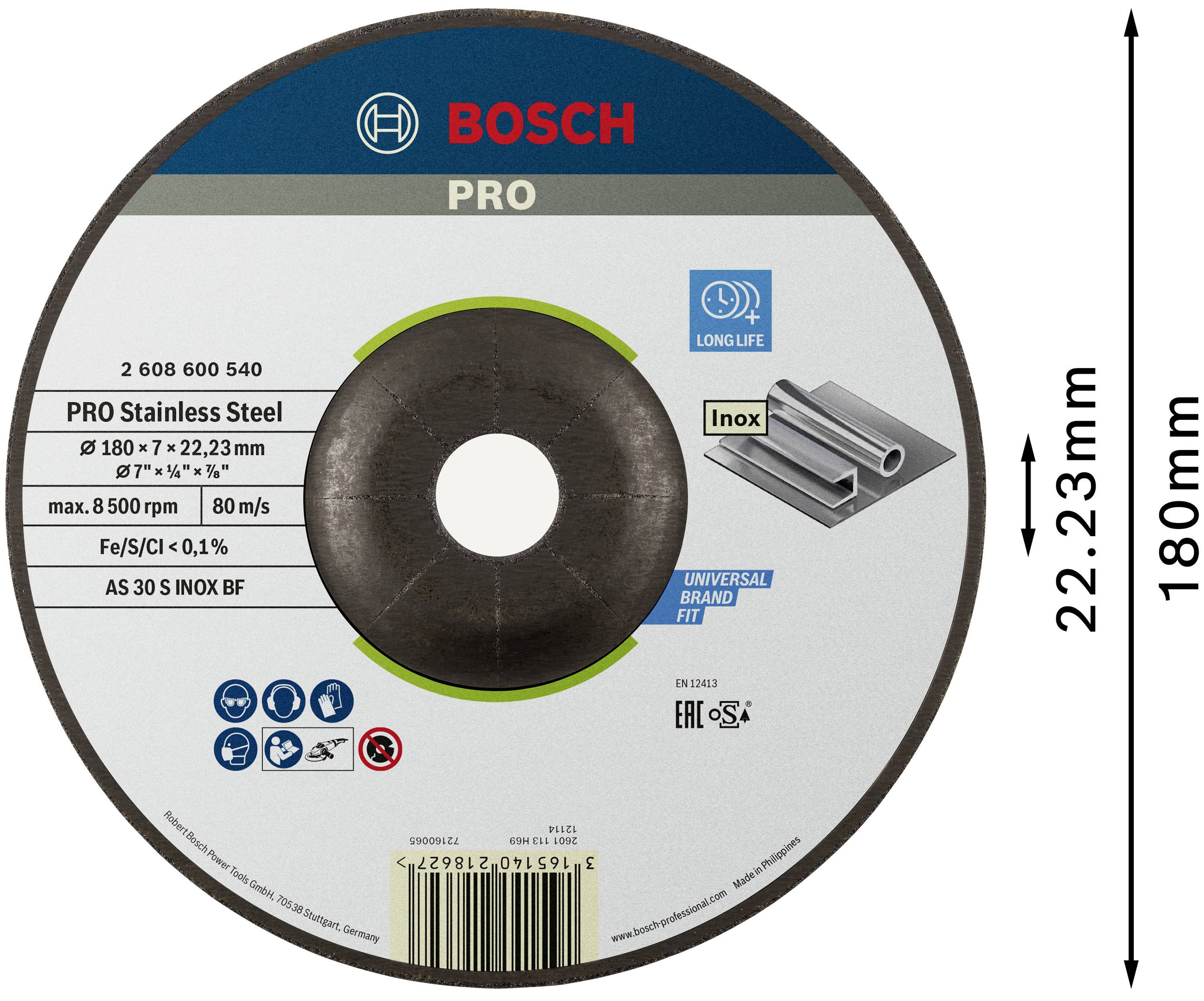 Tarcza szlifierska Bosch do stali nierdzewnej, średnica 180 mm, grubość 7 mm. Logo marki u góry, wydrukowane szczegóły techniczne i informacje bezpieczeństwa.