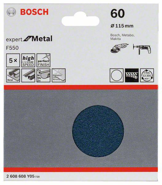 Tarcza szlifierska Bosch o ziarnistości 60, do szlifierki kątowej, o średnicy 115 mm. Opakowanie przedstawia symbole prędkości i kompatybilności materiałowej.