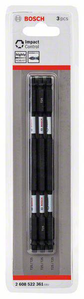 Trzy bity do wkrętarki Bosch w opakowaniu blistrowym, oznaczone jako 'Impact Control' z informacją o długiej żywotności.