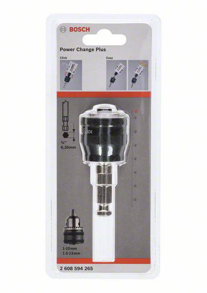 Adapter do wiertarki Bosch Power Change Plus w opakowaniu. Przedstawia adapter i parametry: 1-10 mm, 1/4'' (6,35 mm) sześciokąt.