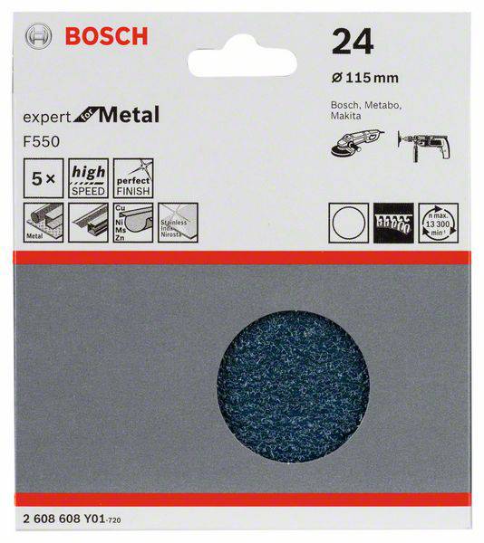 Tarcza szlifierska Bosch, przeznaczona do obróbki metalu, o średnicy 115 mm, ziarnistość 24, opakowanie prezentuje zastosowania i informacje producenta.