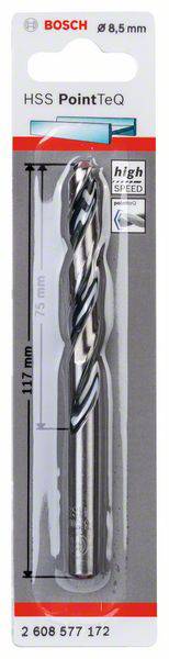 Wiertło HSS PointTeQ firmy BOSCH, średnica 6,5 mm, długość 117 mm. Opakowanie prezentuje zdjęcie produktu oraz oznaczenie 'High Speed'.