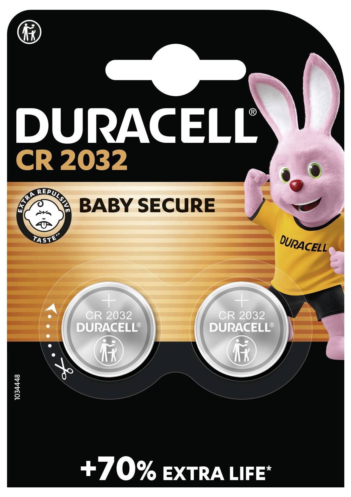 Opakowanie baterii Duracell CR2032 z maskotką w postaci króliczka, oznaczone jako 'Baby Secure' i '+70% Dłuższa Żywotność'. Zawiera symbol bezpiecznego opakowania dla dzieci.