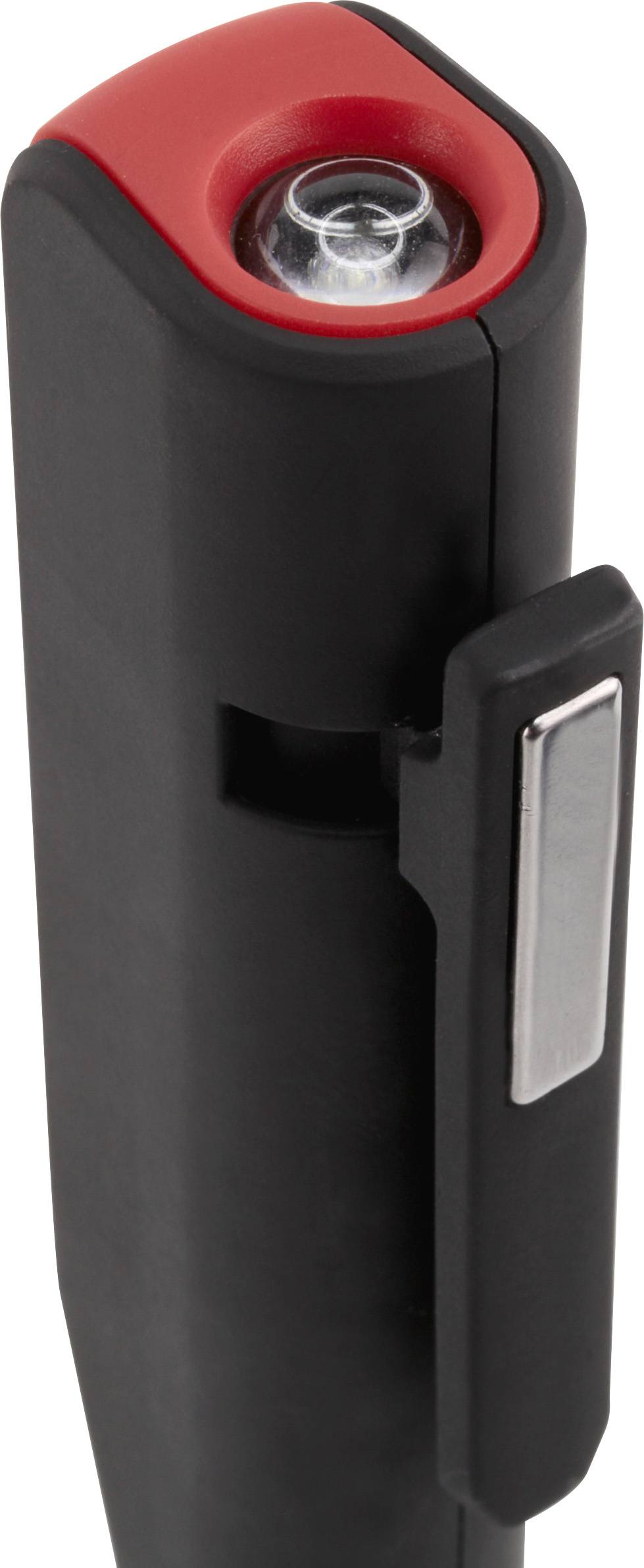 Czarna i czerwona nakładka na latarkę z srebrnym zaciskiem, nadająca się do zamocowania na ubraniu lub torbie do użytku mobilnego.