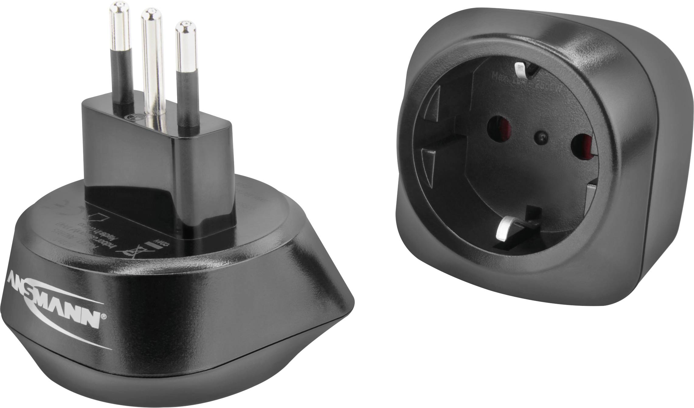 Dwa czarne adaptery podróżne: jeden z wtyczkami, drugi z gniazdem. Oba noszą nazwę marki i są kompaktowe.