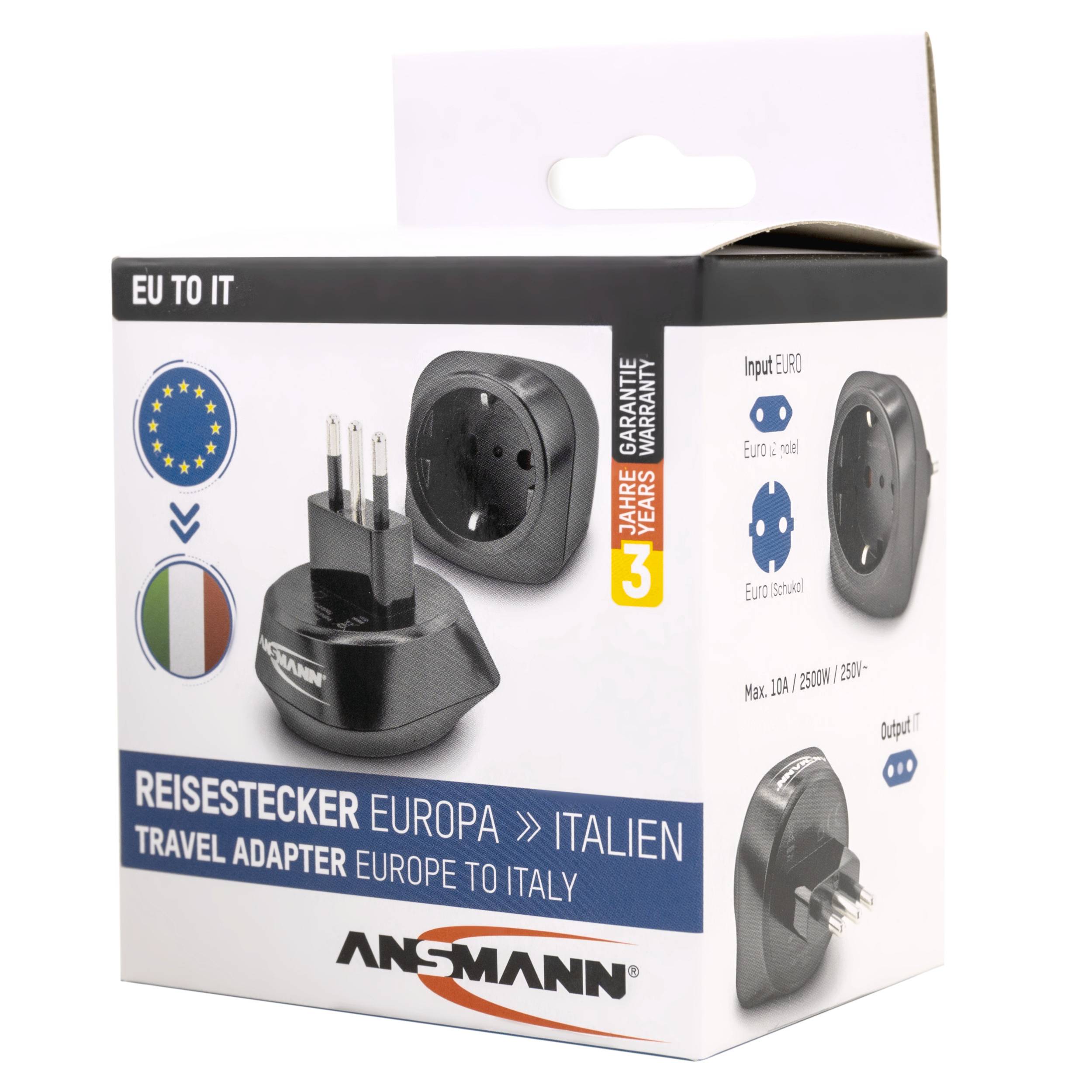 Adapter podróżny Europa do Włoch, opakowanie adaptera, przedstawia adapter i gniazda elektryczne. Informacje: UE do IT, 250V, 10A, 2-letnia gwarancja.