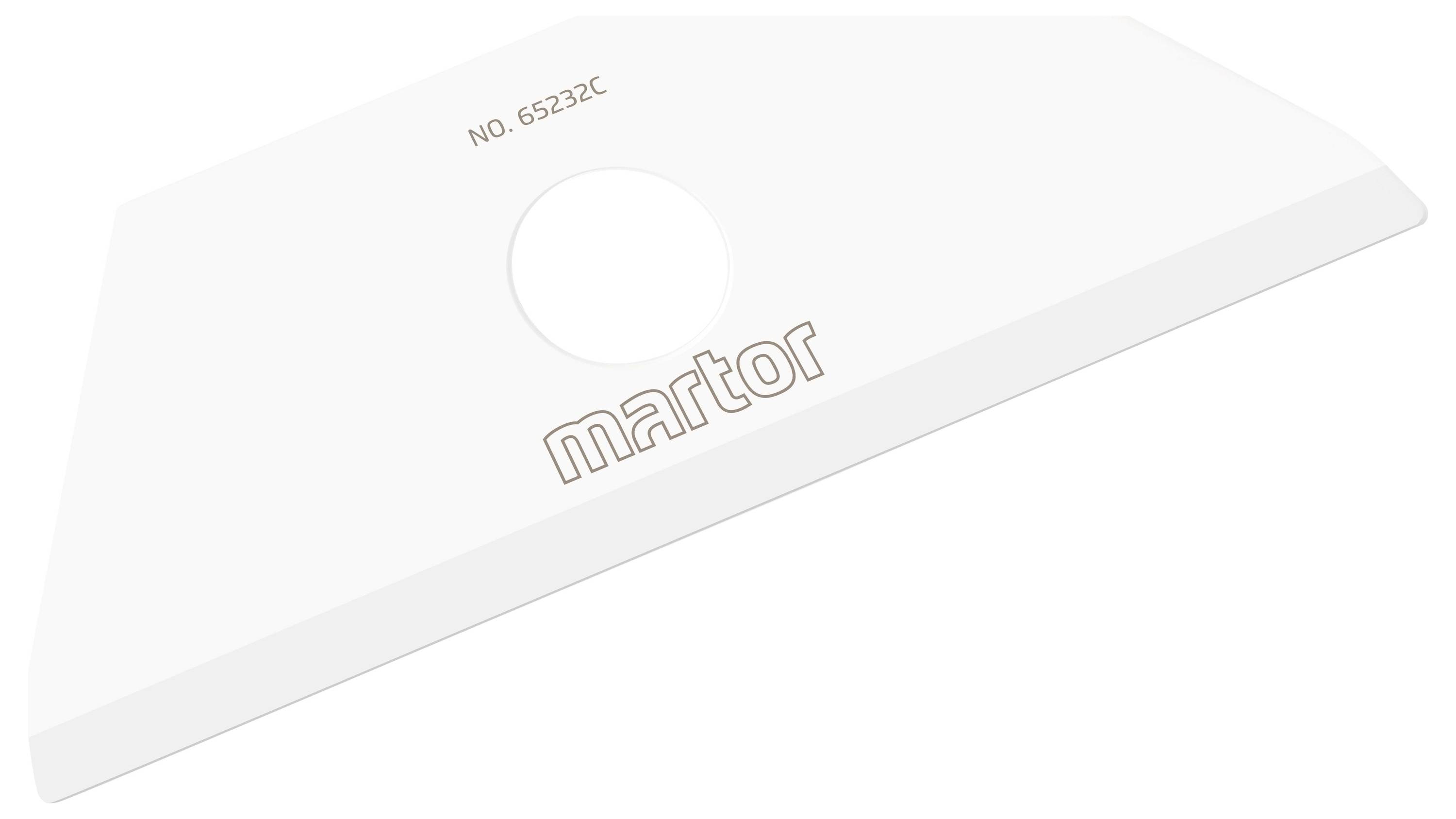 Białe ostrze wymienne z napisem 'martor' i 'No. 65232C' na powierzchni, przeznaczone do przemysłowych narzędzi tnących.