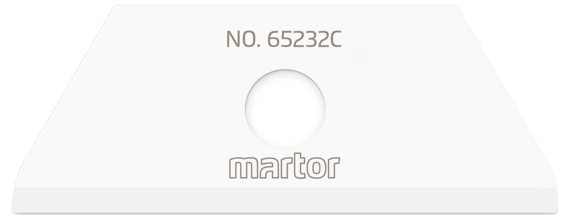 Szeroka biała trójkątna ostrze wymienna z otworem pośrodku. Oznaczenie: 'NO. 65232C' oraz poniżej 'martor'.