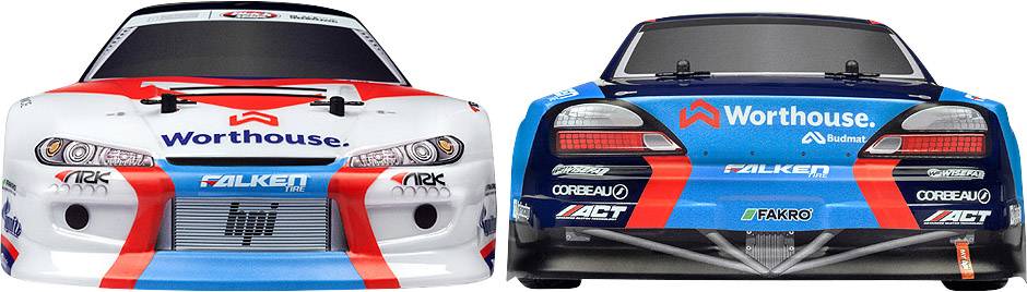Dwa samochody wyścigowe w białym kolorze z niebieskimi i czerwonymi akcentami oraz logo 'Worthouse', widok z przodu i z tyłu.
